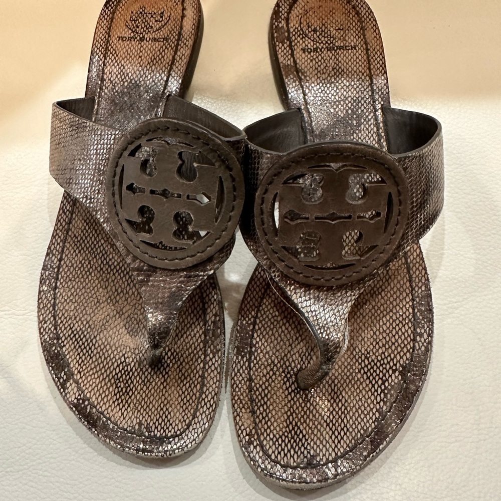 Tory Burch Snakeskin Pattern Brown Sandals